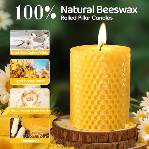 Beeswax Pillar Candles,Non-Toxic Honeycomb Bees Wax Candle for Home,Yellow - color: 2.8x4in, size: 3pcs