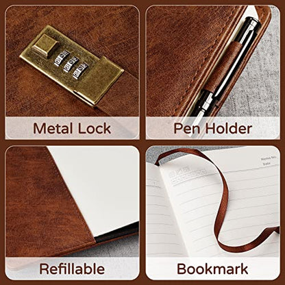 WEMATE Diary with Lock, A5 PU Leather Journal with Lock 240 Pages Brown - color: Brown