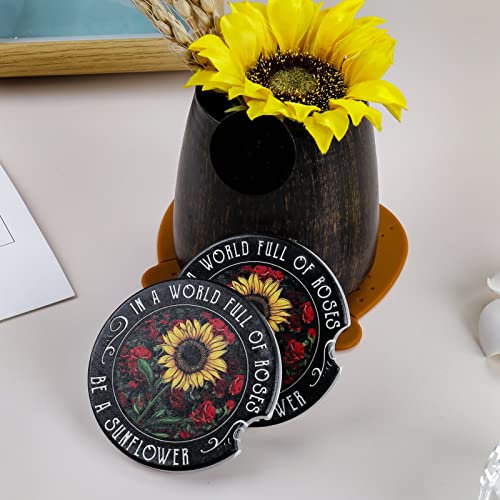 Car Coasters 2 Pack, Small 2.56" Stone Car Cupholder Absorbent Coaster Set for Women Men Drink Cup Holder Coasters (Sunflower&Roses) - color: Sunflower&roses