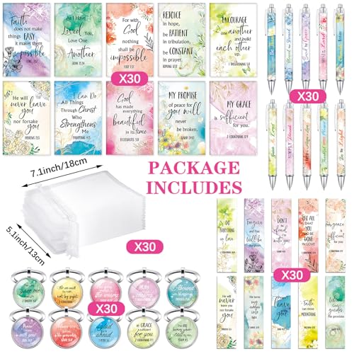 Jetec 150 Bible Verses Gift Set for 30 Christian Bookmarks 30 Scripture Ballpoint Pens 30 Christian Notebooks 30 Bible Verse Keychain 30 White Organza Bags for Women Men Office Church(Fresh) - style: Fresh