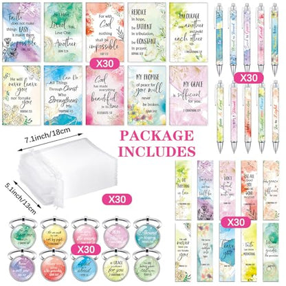 Jetec 150 Bible Verses Gift Set for 30 Christian Bookmarks 30 Scripture Ballpoint Pens 30 Christian Notebooks 30 Bible Verse Keychain 30 White Organza Bags for Women Men Office Church(Fresh) - style: Fresh