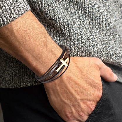 Leather Bracelet for Men Braided Stainless Steel Mens Bracelets - color: Brown-GoldCross
