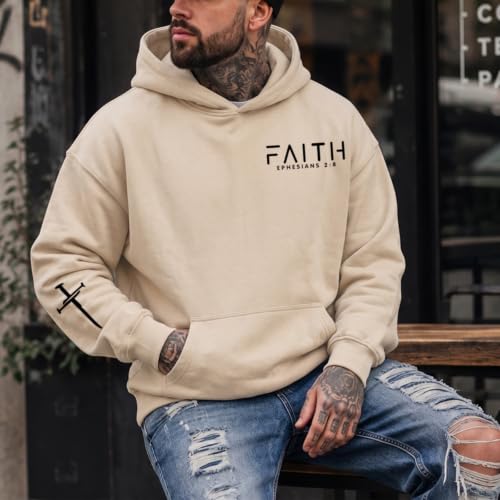 Christian Hoodies for Men Faith Cross Graphic Hoodie Jesus Fleece Sweatshirts Bible Verse Religious Pullover Tops - color: Apricot, size: Large