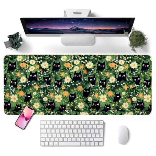 Mouse Pad, Desk Mat, 31.5x11.8in Large Mousepad - color: Grassland Black Cat