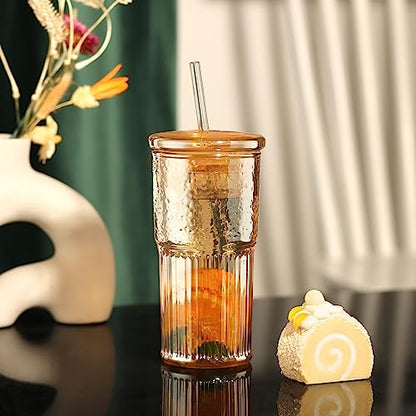 Joeyan 22 oz Amber Glass Tumbler with Straw and Lid,Ribbed Glasses Cups - color: Amber colored glass tumbler