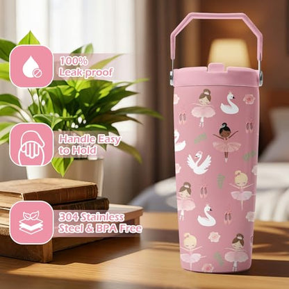 Hiboss Ballerina Gifts for Kids Girl, Pink Ballet Tumbler with Handle and Flip Straw 28oz, Insulated Stainless Steel Dance Travel Cup Mug, Dancer Birthday Gifts for Women Teens Girls - color: Ballet