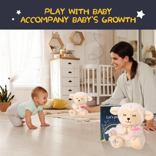 VUNCESSIN Baptism Gifts for Baby Girls with 7'' Cute Plush Lamb and Pray Book, Baptism, Dedication and Christening Gift Set for Girls in Keepsake Box. - color: Pink-lamb