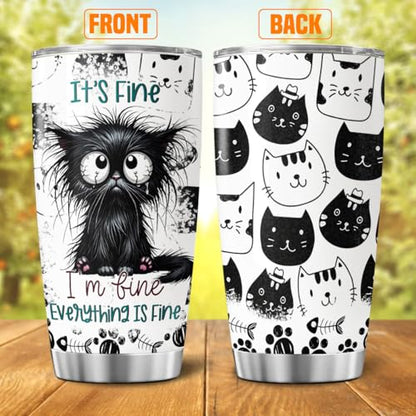 Funny Black Cat Everything Is Fine Tumbler, 20oz Stainless Steel Insulated Cup with Cute Crying Kitten Design, Sarcastic Gift for Cat Lovers, Friends, Coworkers, Birthday, Halloween - color: Funny Cat Lover