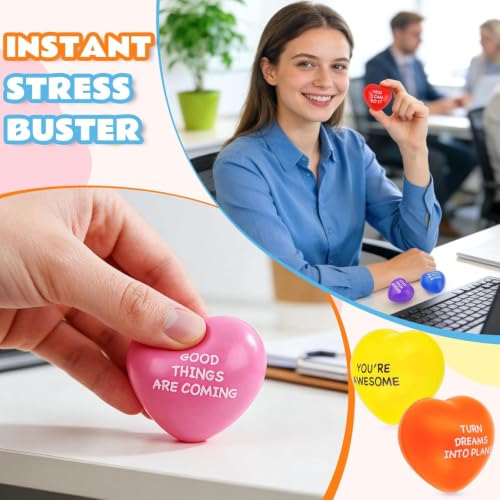 SHQDD Stress Balls, 100PCS Bulk Heart Stress Balls, Stress Balls for Adults & Kids, Motivational Quotes Soft Foam Stress Relief Squeeze Toys, Office Classroom Stress Relief Gifts, Perfect Party Favors
