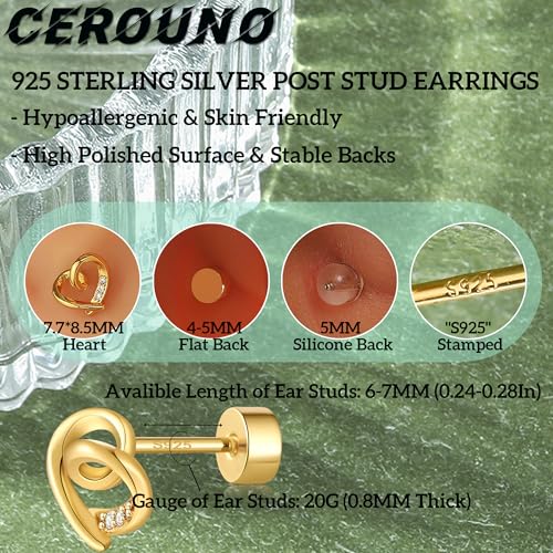 CEROUNO Flat Back Stud Earrings - 925 Sterling Silver Post Flatback Earrings Gold Silver Cubic Zirconia Earrings Studs for Women - color: Gold Heart