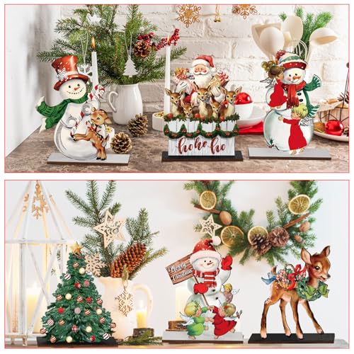 Beeveer 6 Pcs Christmas Table Decorations Wooden Snowman Reindeer Decor Christmas Table Centerpieces Vintage Wooden Retro Decorative Xmas Tree Santa Sign for Home Kitchen Shelf