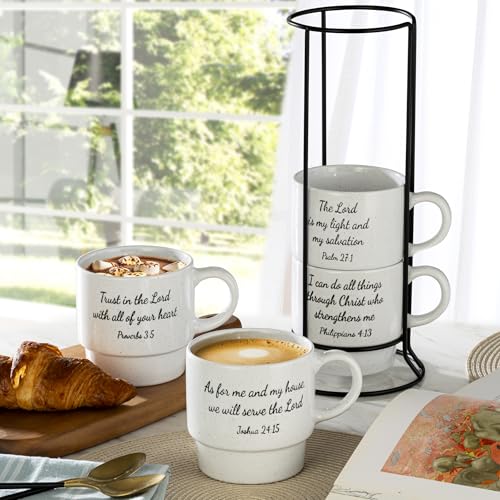 Signature Housewares Stackable Coffee Mug Tower Set with Metal Wire Rack - 15 Ounce Coffee Mugs for Coffee, Tea, Cocoa, Milk, Cappuccino, Hot Chocolate Set of 4 - Inspirational Bible Verses - color: Inspirational Bible Verses, size: 15oz