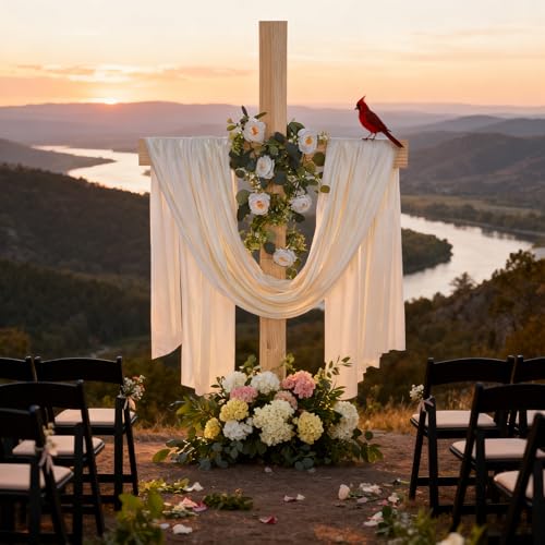 59Inch Large Wooden Cross for Wedding White Ribbon Eucalyptus Garland White - color: White, size: 59Inch