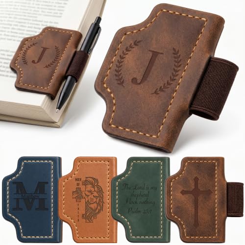 Personalized Magnetic Leather Style Bookmark with Pen Holder, Custom Engraved Name Initial Bible Verse, Cross Lion Monogram Book Marker, Gift for Readers Teachers Students Men Women - color: Initial 1