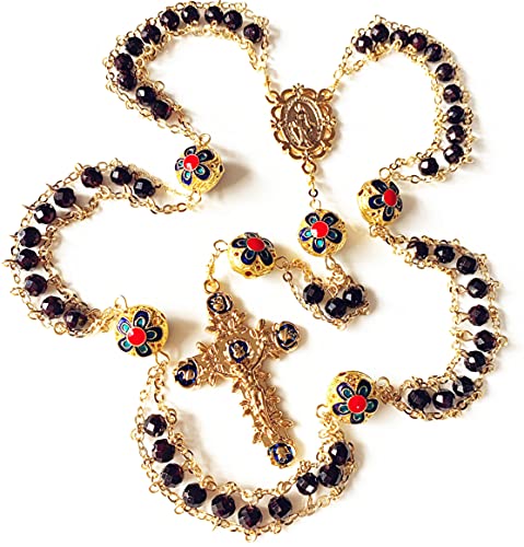 elegantmedical handmade Gold Ladder to Heaven Garnet Beads Catholic Rosary crucifix Necklace box - color: gold