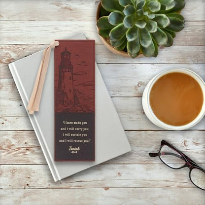 Christian Art Gifts Faux Leather Scripture Bookmark: I Will Carry You - color: Brown Lighthouse/Carry You