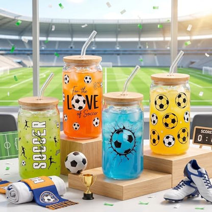 Glass Cups with Lids and Straws, 4Pack, 16oz, Soccer Football - color: Soccer