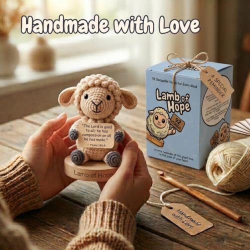 Christian Gifts for Women - Lamb of Hope Crochet with 92 Bible Verse Signs - Religious Faith Based Emotional Support Desk Decor, Positive Affirmation Cards for Women Men Teens Baptism Church Catholic