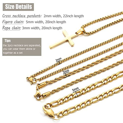 3Pcs Set Cross Necklace for Men, Mens Cross Necklace Cross Chain Layered Stainless Steel Rope Figaro Chains for Women Boys Gold Silver Black (20inch/22inch) - color: Gold