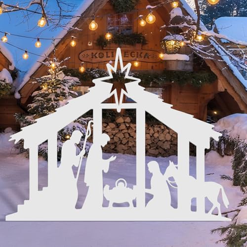 Cinnvoice 40" x 31" Large Christmas Metal Yard Stakes Christmas Garden Stakes Waterproof Xmas Outdoor Yard Decor with Stake for Xmas Holiday Lawns Outdoor Decor(Nativity,White)