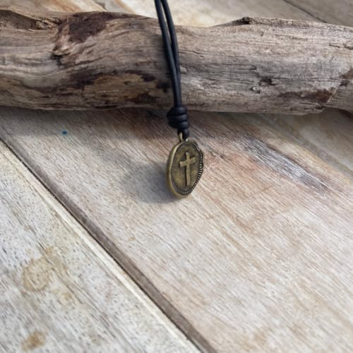 Cross Necklace Mens - Men Cross Coin, Religious Pendant, Medallion Necklaces, Christmas Gift, Catholic Pendant, Christian Charms, Women Gifts to Husband, Cute Crosses - color: Antique Gold, style: Black Leather
