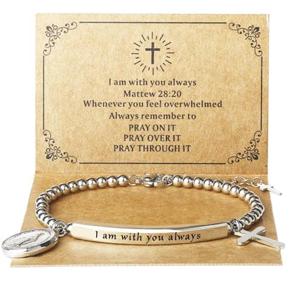 DS Women Christian Charm Bracelet,Cross Scripture Stainless Steel Jewelry - style: I am with you always-Silver