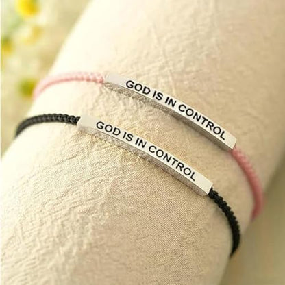 God is in Control Leather Bracelet, Stainless Steel Christian Faith Braided Engraved Bar Bracelets Self Worth Motivation Bracelet Inspirational Friendship Jewelry for Men Women - color: Black&Silver