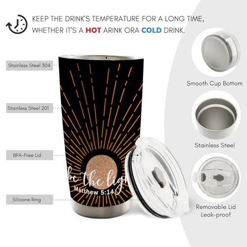 Christian Religious Inspirational Gifts for Women Men Kids, Christian 20oz Travel Coffee Mug Tumbler, Boho Sunshine Gifts, Be the Light Water Stainless Steel Tumbler with Lid and Straw - color: Sunshine