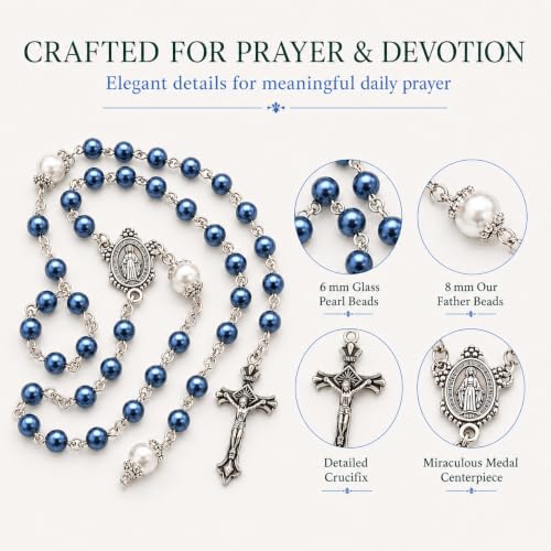 Catholic Pearl Cross Rosary Necklace — Ideal for Baptism, Prayer, Devotion — 6mm Glass Beads & 8mm Our Father Beads w/Caps, Miraculous Jewelry Box – Perfect Religious Gift for Women, Men - color: Blue