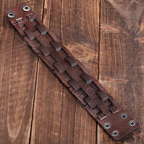 Zysta Cool Punk Rocker Wide Cuff Wristband Bracelet Mens Gothic Biker Braided Style Genuine Leather Bangle 8.5"-9" Adjustable Black/Brown - color: Brown