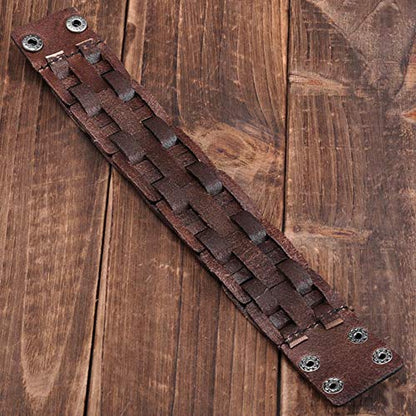 Zysta Cool Punk Rocker Wide Cuff Wristband Bracelet Mens Gothic Biker Braided Style Genuine Leather Bangle 8.5"-9" Adjustable Black/Brown - color: Brown