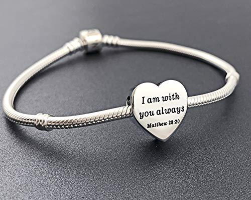 Heart Charm Fit Pandora Charms Bracelet Christian Bible Verse Charm Prayer Faith Religious Charms Gifts for Women - style: I am with you always Matthew 28:20