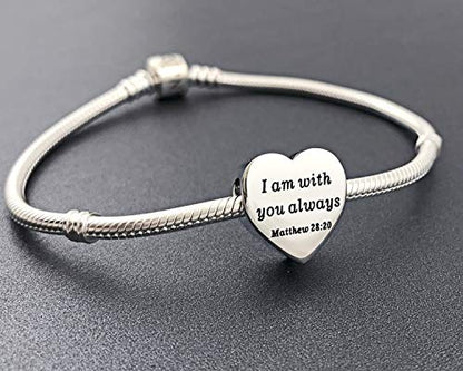 Heart Charm Fit Pandora Charms Bracelet Christian Bible Verse Charm Prayer Faith Religious Charms Gifts for Women - style: I am with you always Matthew 28:20