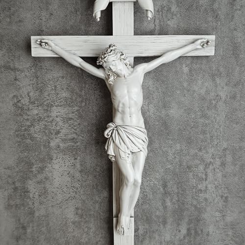 BC Catholic Crucifix Wall Cross, 10" H Jesus Christ Home Decor, Religious Gift, Wood Carved Look, Grey White Finish, Hand Painted by Buildclassic - color: Grey White, size: 10.2"L x 5"W