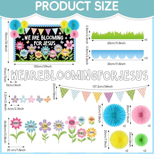 Christian Religious Bulletin Board Set Summer Floral Sunday School Classroom Decoration Positive Paper Fans 3D DIY We are Blooming for Jesus Cutouts for Church VBS Chalkboard Wall Prayer Board Decor - style: We are Blooming for Jesus