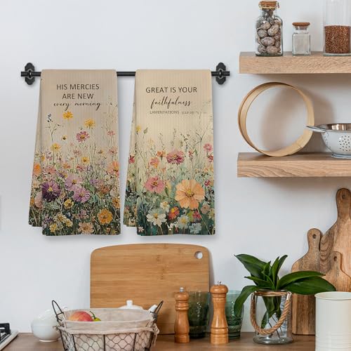 Christian Floral Tea Towel Gifts, Vintage Wildflower Scripture Bible Verse Decor Decorative Dish Hand Towels for Bathroom Kitchen, Christian Kitchen Towels and Dishcloths Sets of 2, 16x24Inch - color: Wildflower