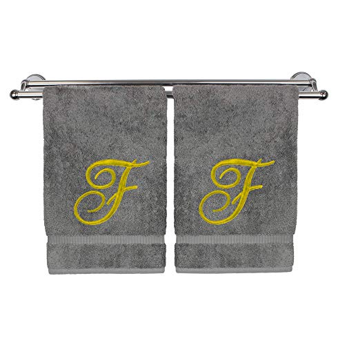 Monogrammed Hand Towel, Personalized Gift, 16 x 30 Inches - Set of 2 - Gold Embroidered Towel - Extra Absorbent 100% Turkish Cotton - Soft Terry Finish - for Bathroom, Kitchen and Spa - Script F Gray - color: Gold on Gray, style: Initial F