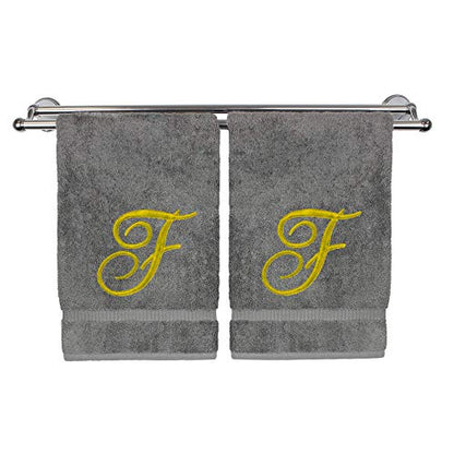 Monogrammed Hand Towel, Personalized Gift, 16 x 30 Inches - Set of 2 - Gold Embroidered Towel - Extra Absorbent 100% Turkish Cotton - Soft Terry Finish - for Bathroom, Kitchen and Spa - Script F Gray - color: Gold on Gray, style: Initial F