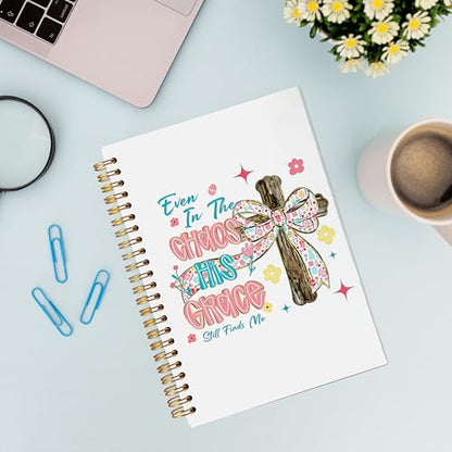 VNWEK Coquette Bow Cross Boho Christian Spiral Notebook Journal 5.5x8.3 Inch, Bible Prayer Journal for Women, Even in the Chaos Religious Scripture Lined Hardcover Spiral Notebook - color: 40-XZ-bible-notebook