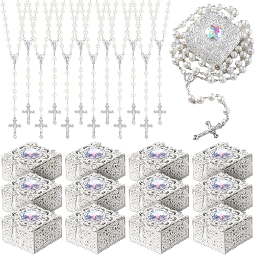ROCEEI Catholic Rosary Necklace Pearl Rosary Bead with Box - color: White