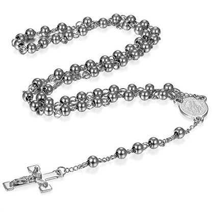 Rosary Beads Cross Necklace for Women Men, Stainless Steel Lords Prayer Long Chain Necklace Jewelry Gifts Y Necklace - color: SILVER-6mm