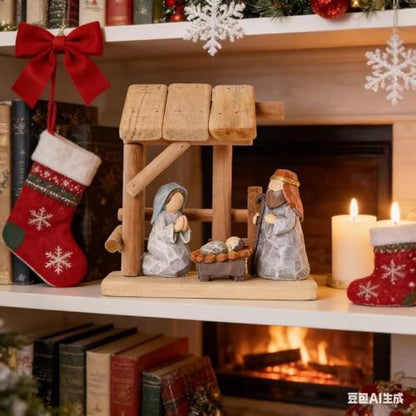 Christian Nativity Scene Decoration with Gift Box, Hand-Painted Resin Figurines with Wooden Stable, 6.7 Inches Tall, Perfect for Christmas Tabletop, Holiday Dining Table & Fireplace Decor