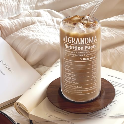 SANDJEST Grandma 16 Oz Can Glass Tumbler with Bamboo Lid and Straw - Iced Coffee Cups for Women, Aesthetic Glass Cup Gift for Grandmother Nana Birthday Christmas Mother's Day - color: Grandma