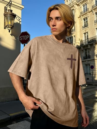 Christian Shirt for Men Jesus Loves You Shirt Oversized Acid Wash Tops - color: Apricot, size: X-Large