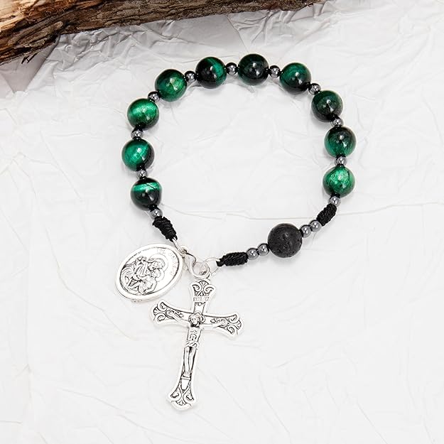 Nazareth Store Tiger Eye Beads One Decade Rosary Handmade Pocket Car Mirror with Saint Joseph Medal and Jesus Cross in Antique Silver Volcanic Stone Travel Friendly Rosary - color: Green Tiger Eye