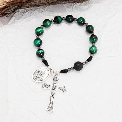 Nazareth Store Tiger Eye Beads One Decade Rosary Handmade Pocket Car Mirror with Saint Joseph Medal and Jesus Cross in Antique Silver Volcanic Stone Travel Friendly Rosary - color: Green Tiger Eye