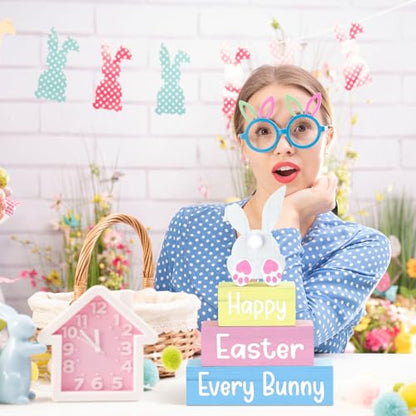 4 Pcs Easter Table Decoration Happy Easter Every Bunny Wooden Block Sign Pastel Bunny Centerpiece Spring Wood Blocks Tiered Tray Decor for Home Kitchen Tabletop Display - style: Bunny