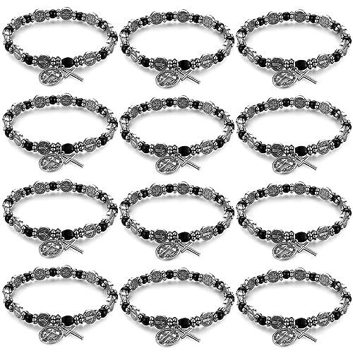 Crowye 12 Pcs St Benedict Bracelets Bulk Silver Color Rosary Bracelet Catholic Saint Medal Gifts Adjustable Religious Gifts for Men Women Birthday Holiday Christmas Stocking Stuffers