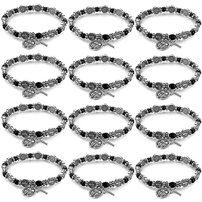 Crowye 12 Pcs St Benedict Bracelets Bulk Silver Color Rosary Bracelet Catholic Saint Medal Gifts Adjustable Religious Gifts for Men Women Birthday Holiday Christmas Stocking Stuffers
