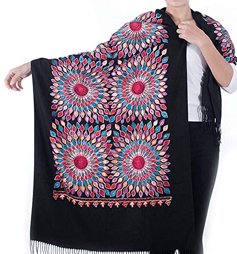 Urban CoCo Embroidered Scarf for Women, Tassel Shawl, Soft Lightweight Wrap - color: Black